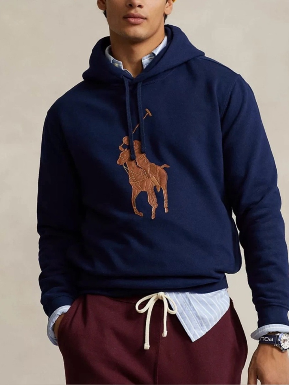 Polo Ralph Lauren fleece leather big pony hoodie sweatshirt large men navy blue